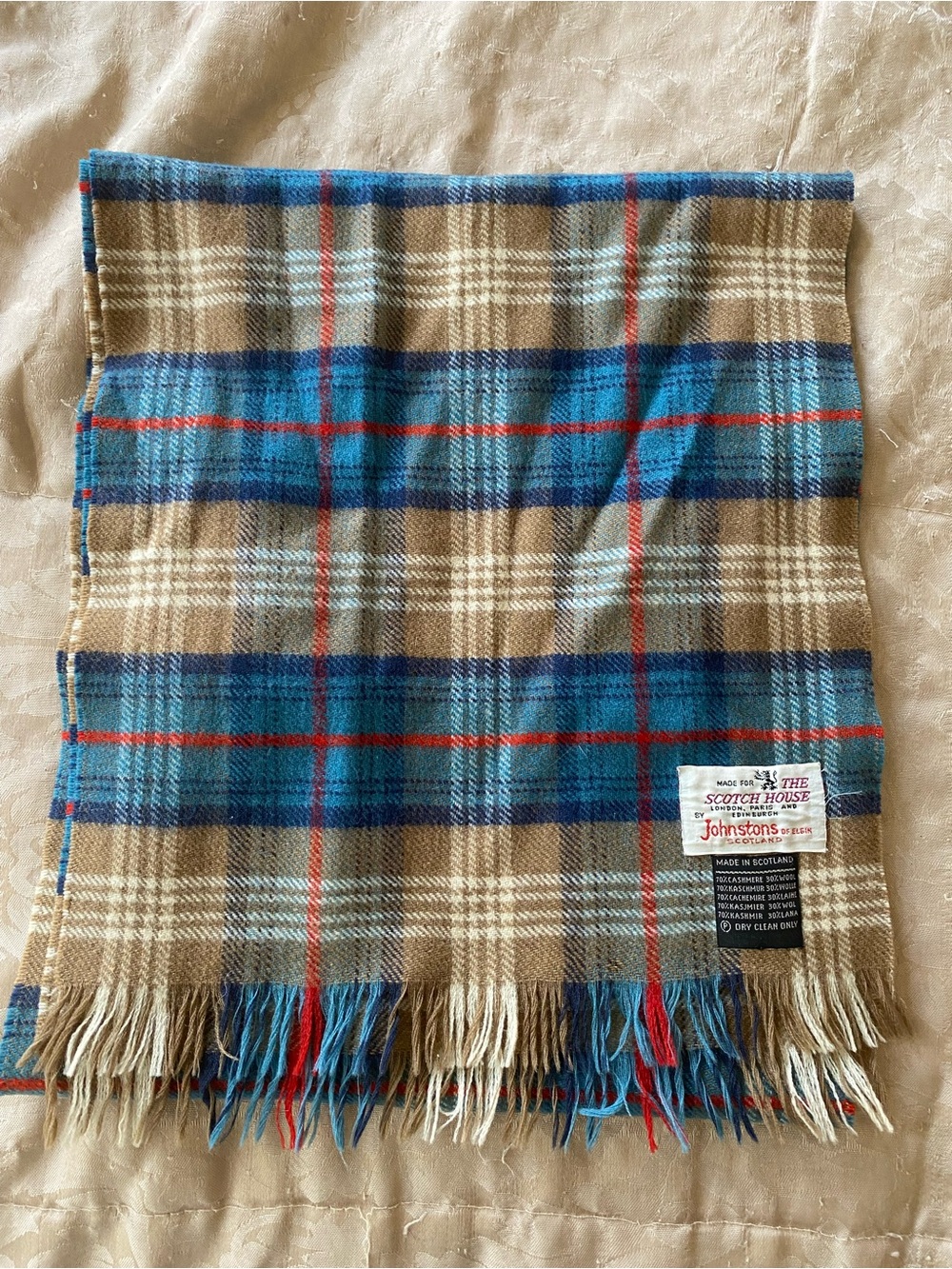Johnstons of Elgin Blue, Tan & Red Plaid Cashmere Scarf